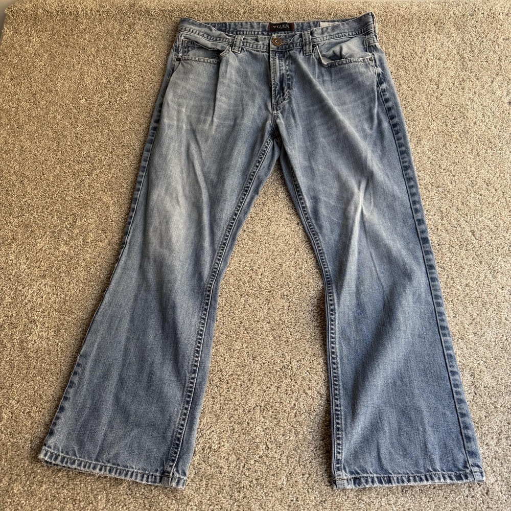 GUESS Bootcut Jeans Mens 38x32 Med Wash Blue Relaxed Denim Cotton Logo